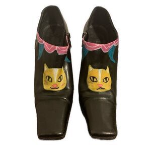 Prada Authentic Black Leather Bespoke Cat Print Painted Booties Boots Heels 8